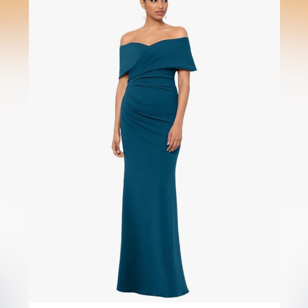 Betsy & Adam Teal Off-Shoulder Gown